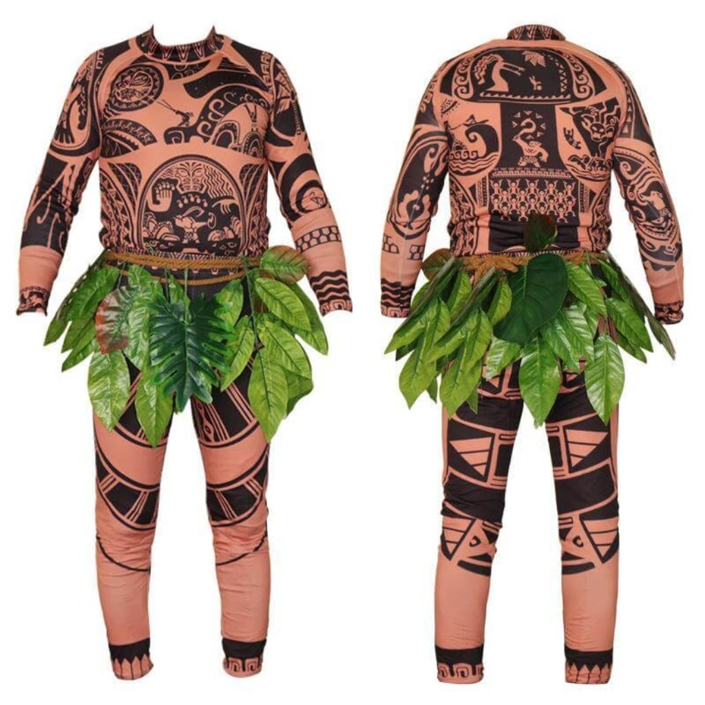Thermabuild | Halloween Full Body Spandex Bodysuit Costume with Tribal Tattoo Print and Leaf Skirt
