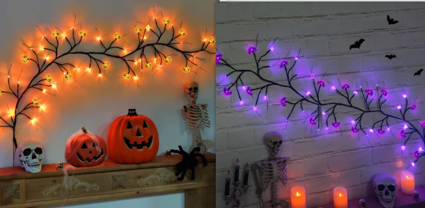Thermabuild | Halloween Garland with Lights LED Twig Battery Operated for Outdoor Mantel Decoration