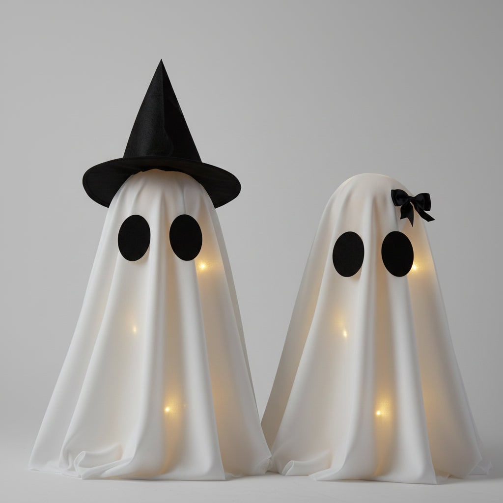 Thermabuild | Halloween Ghost Decorations with Warm White LED Lights Set of Two Up for Tabletop Party Decor