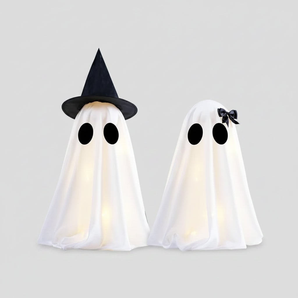 Thermabuild | Halloween Ghost Decorations with Warm White LED Lights Set of Two Up for Tabletop Party Decor