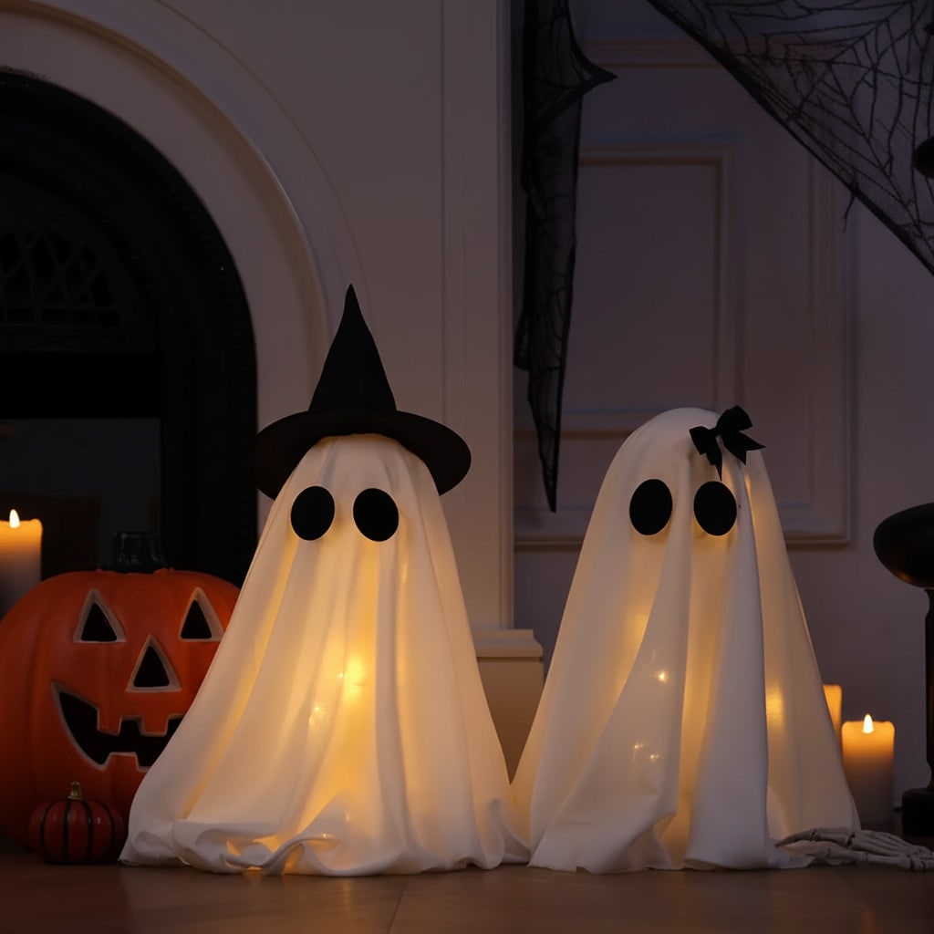 Thermabuild | Halloween Ghost Decorations with Warm White LED Lights Set of Two Up for Tabletop Party Decor