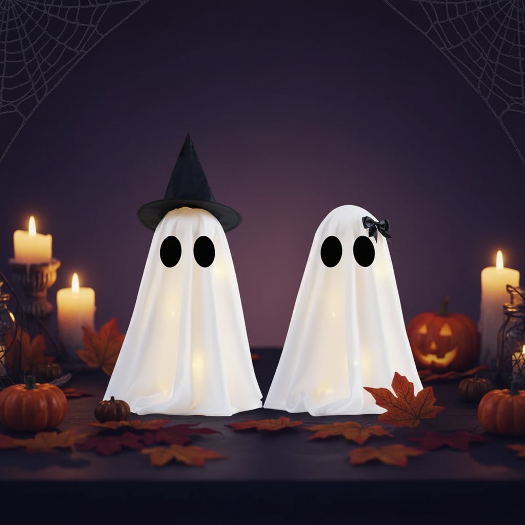 Thermabuild | Halloween Ghost Decorations with Warm White LED Lights Set of Two Up for Tabletop Party Decor