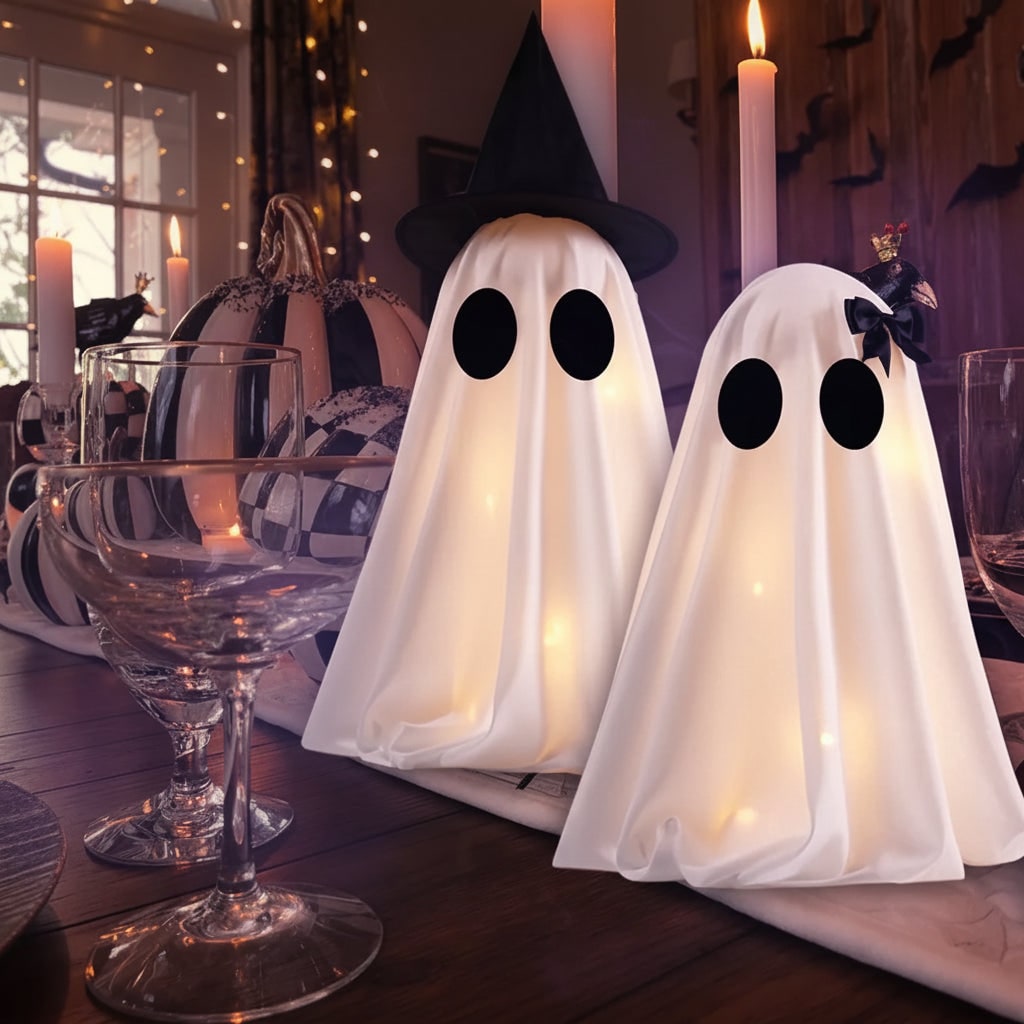 Thermabuild | Halloween Ghost Decorations with Warm White LED Lights Set of Two Up for Tabletop Party Decor