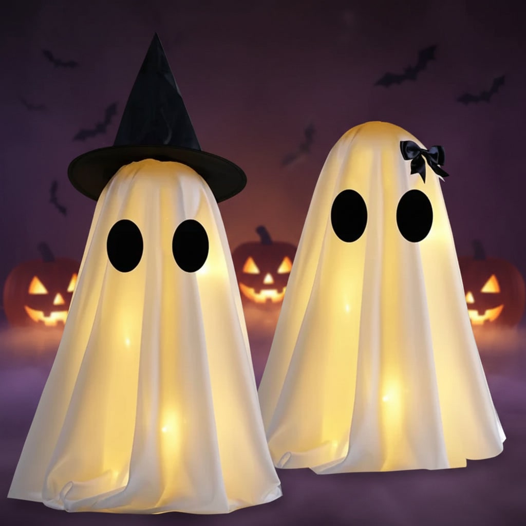 Thermabuild | Halloween Ghost Decorations with Warm White LED Lights Set of Two Up for Tabletop Party Decor