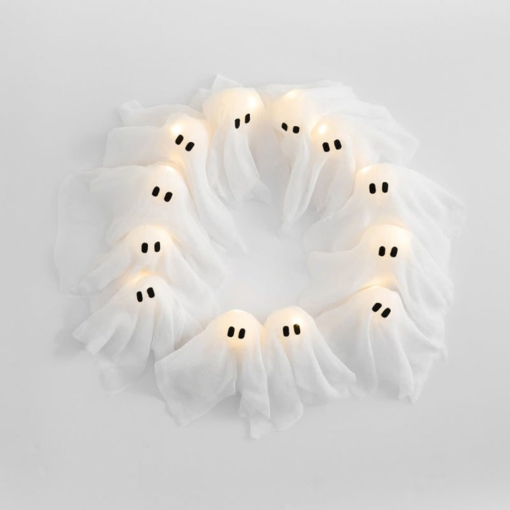 Thermabuild | Halloween Ghost Wreath with LED Lights Black Gauze Door for Outdoor Decoration