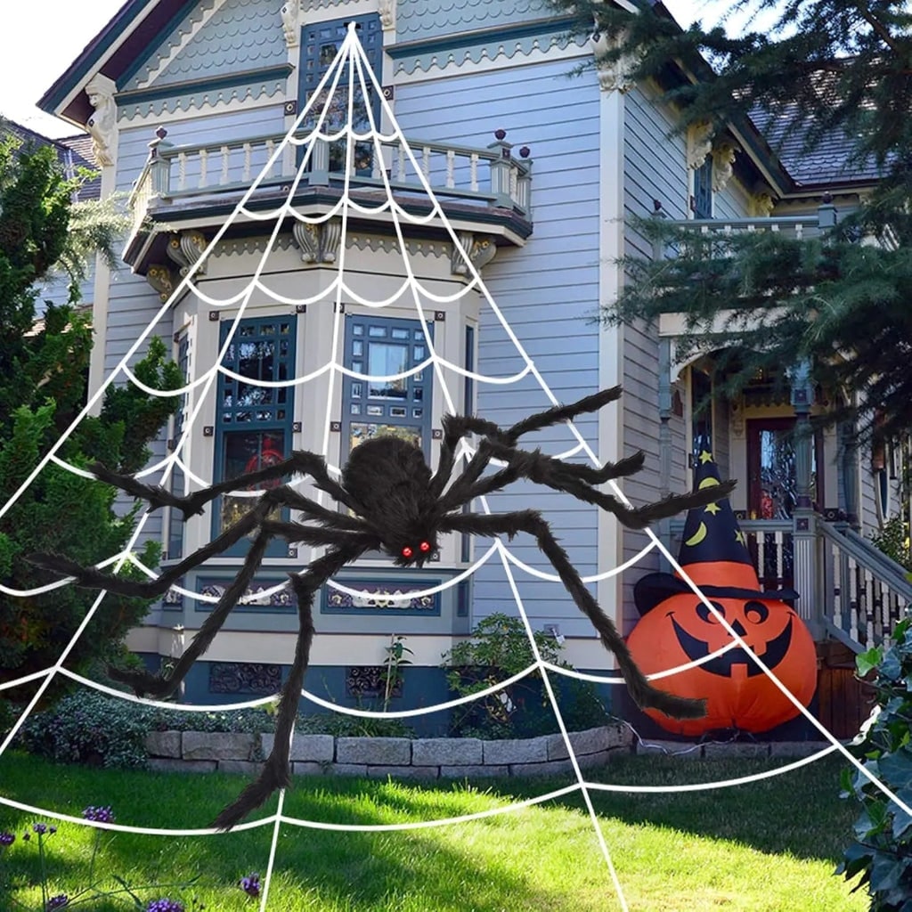 Thermabuild | Halloween Giant Spider Web Decoration with Poseable Fuzzy and Rope for Outdoor Yard