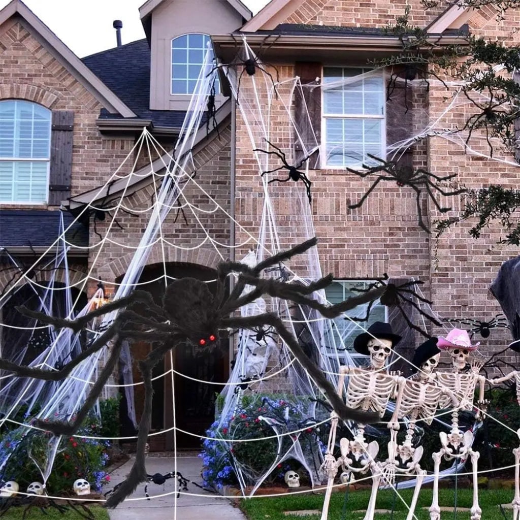 Thermabuild | Halloween Giant Spider Web Decoration with Poseable Fuzzy and Rope for Outdoor Yard