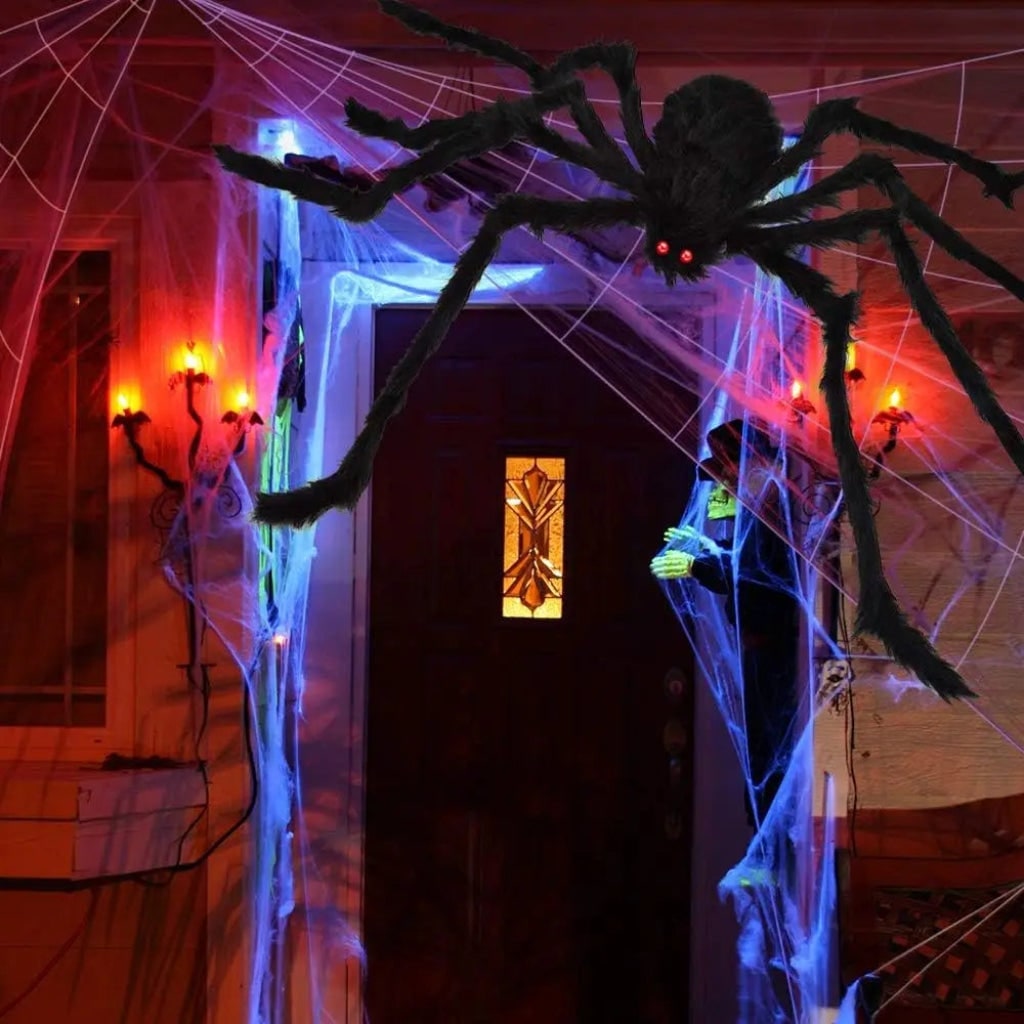 Thermabuild | Halloween Giant Spider Web Decoration with Poseable Fuzzy and Rope for Outdoor Yard