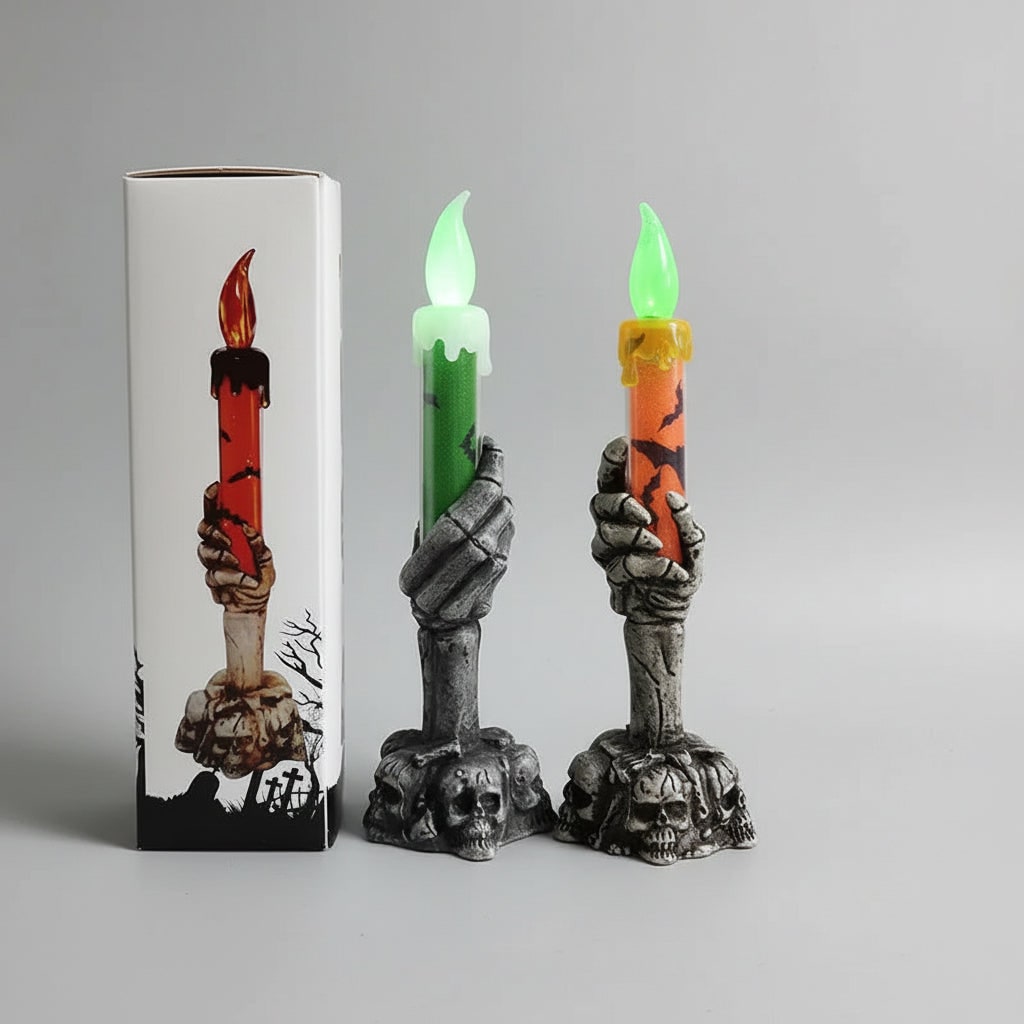 Thermabuild | Halloween Hand Poured Soy Candles with Skeleton Holder and LED Flame Light for Party Decoration