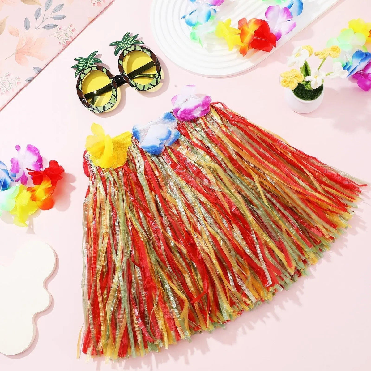Thermabuild | Halloween Hula Skirt Set Grass Costume with Flower Lei and Matching Accessories for Party