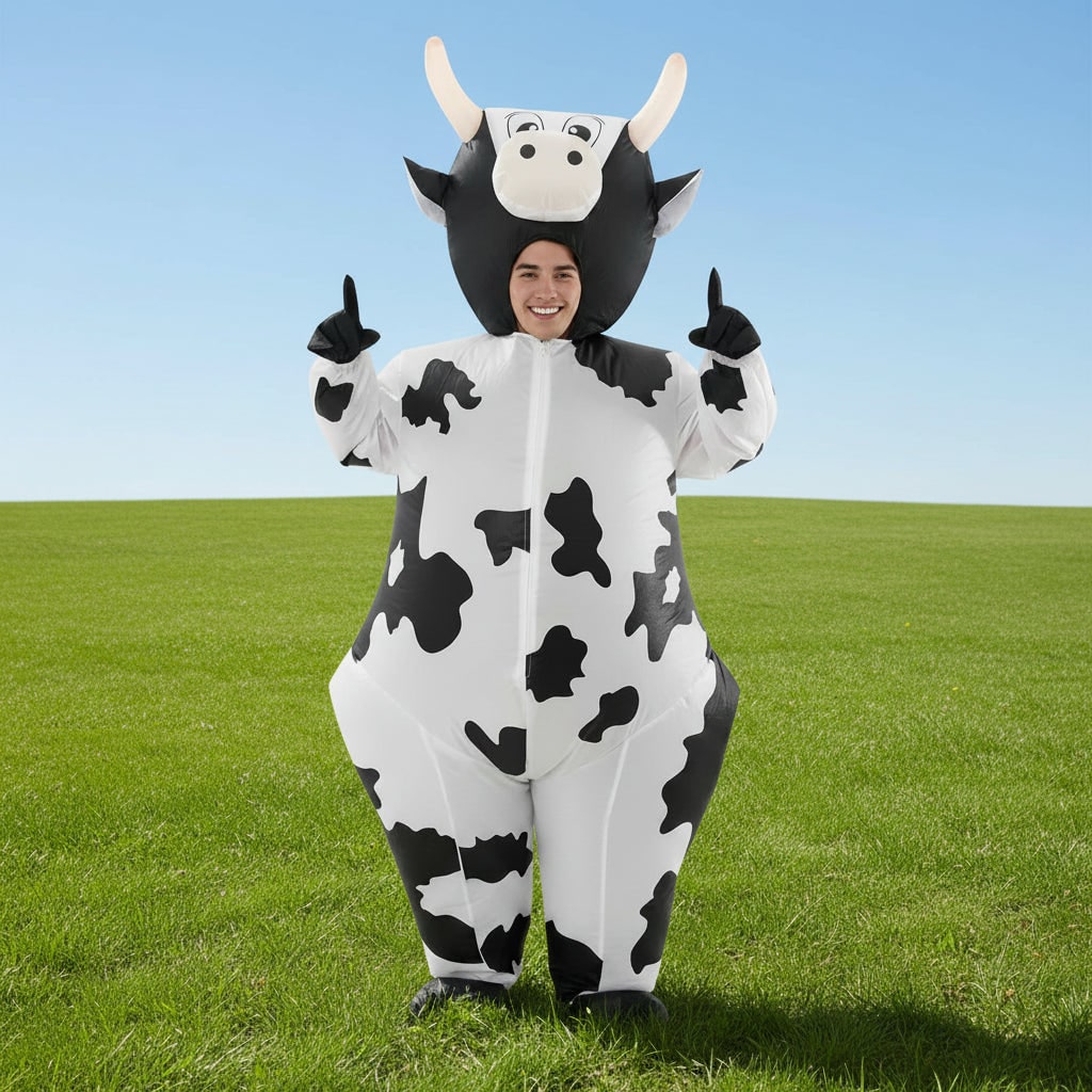 Thermabuild | Halloween Inflatable Cow Costume with Open Face Hood and Hoof Covers Funny Animal