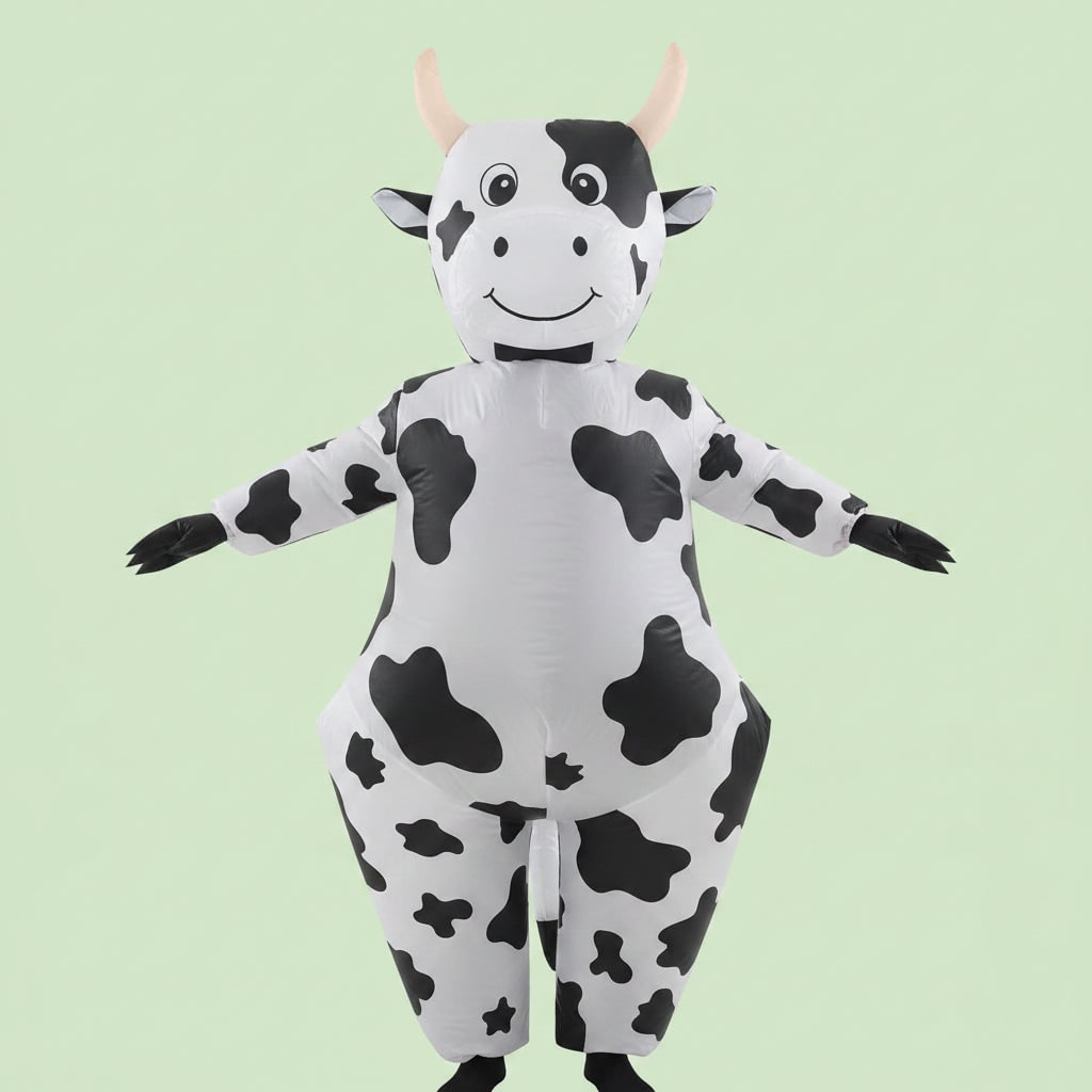 Thermabuild | Halloween Inflatable Cow Costume with Open Face Hood and Hoof Covers Funny Animal