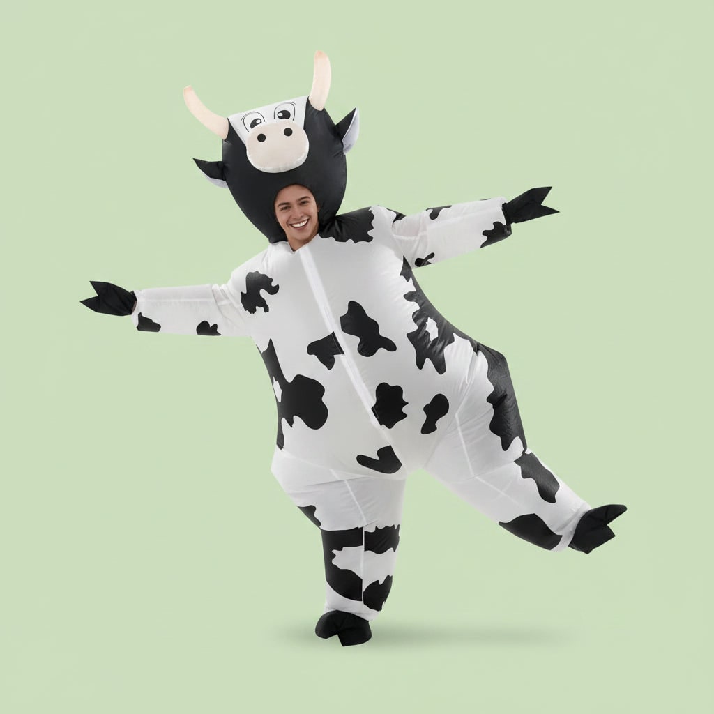 Thermabuild | Halloween Inflatable Cow Costume with Open Face Hood and Hoof Covers Funny Animal