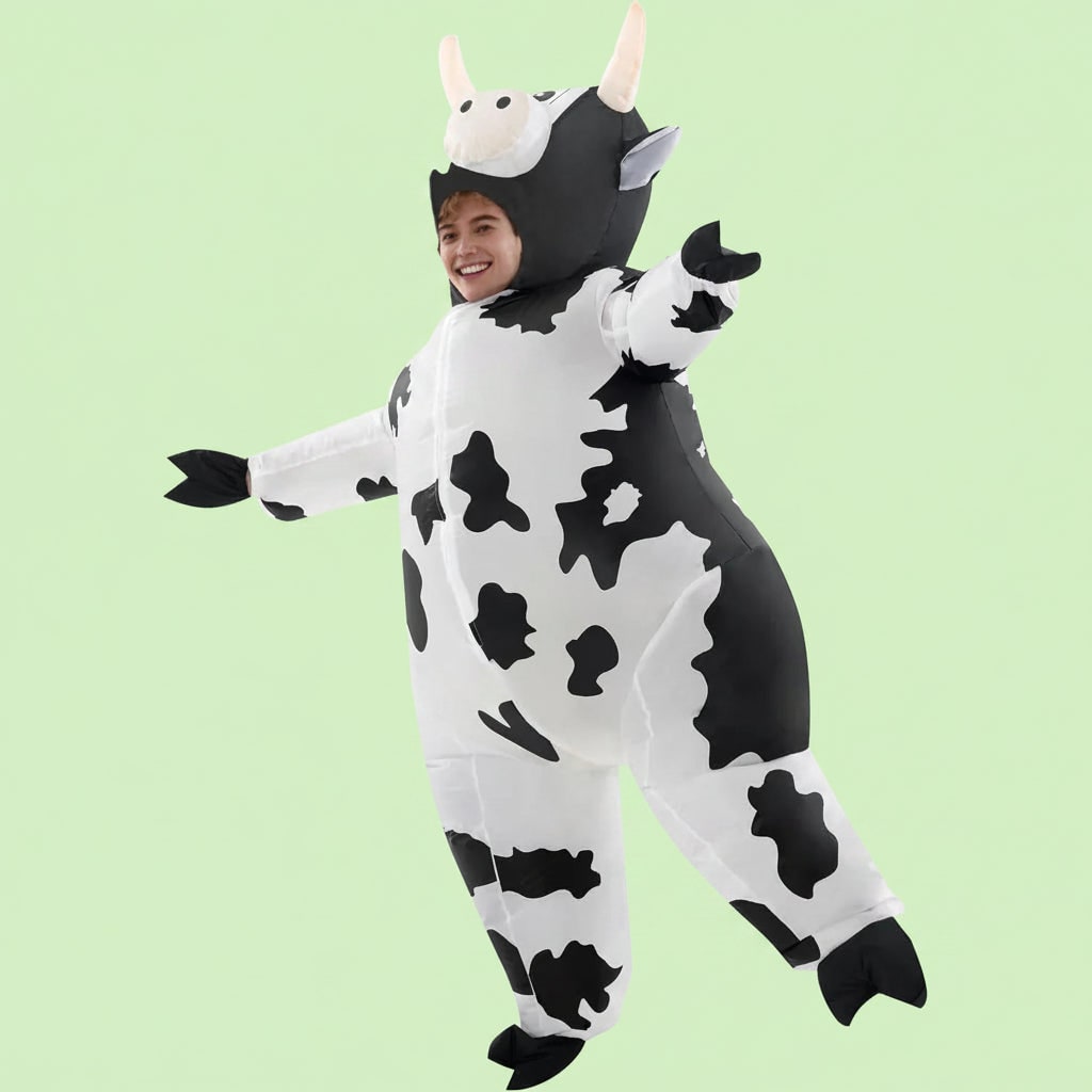 Thermabuild | Halloween Inflatable Cow Costume with Open Face Hood and Hoof Covers Funny Animal