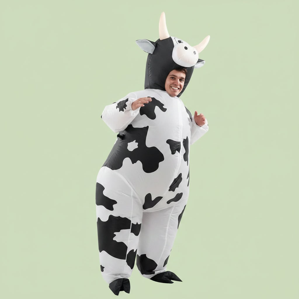 Thermabuild | Halloween Inflatable Cow Costume with Open Face Hood and Hoof Covers Funny Animal