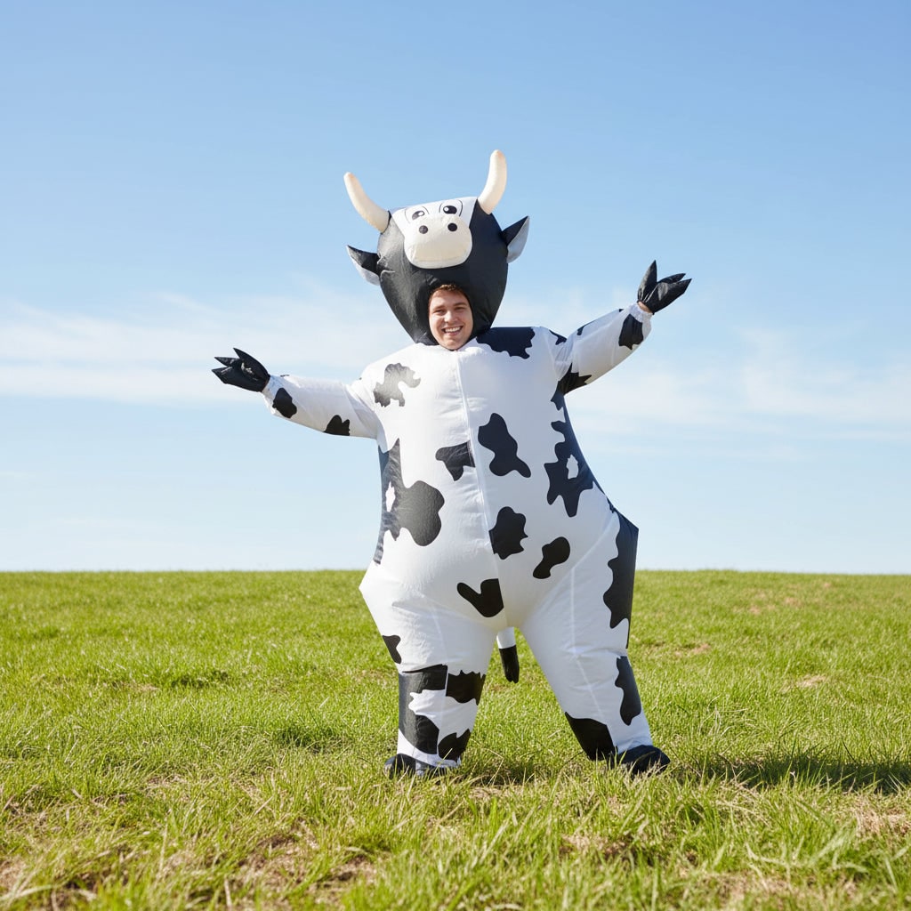 Thermabuild | Halloween Inflatable Cow Costume with Open Face Hood and Hoof Covers Funny Animal
