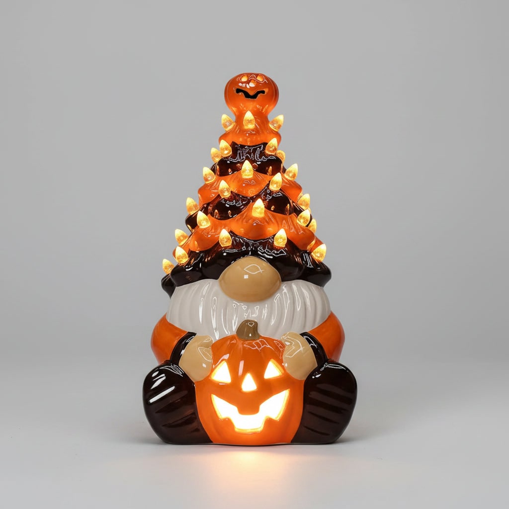 Thermabuild | Halloween Jack O Lantern Ceramic Gnome Light-Up Figurine with Pumpkin for Party Decorations