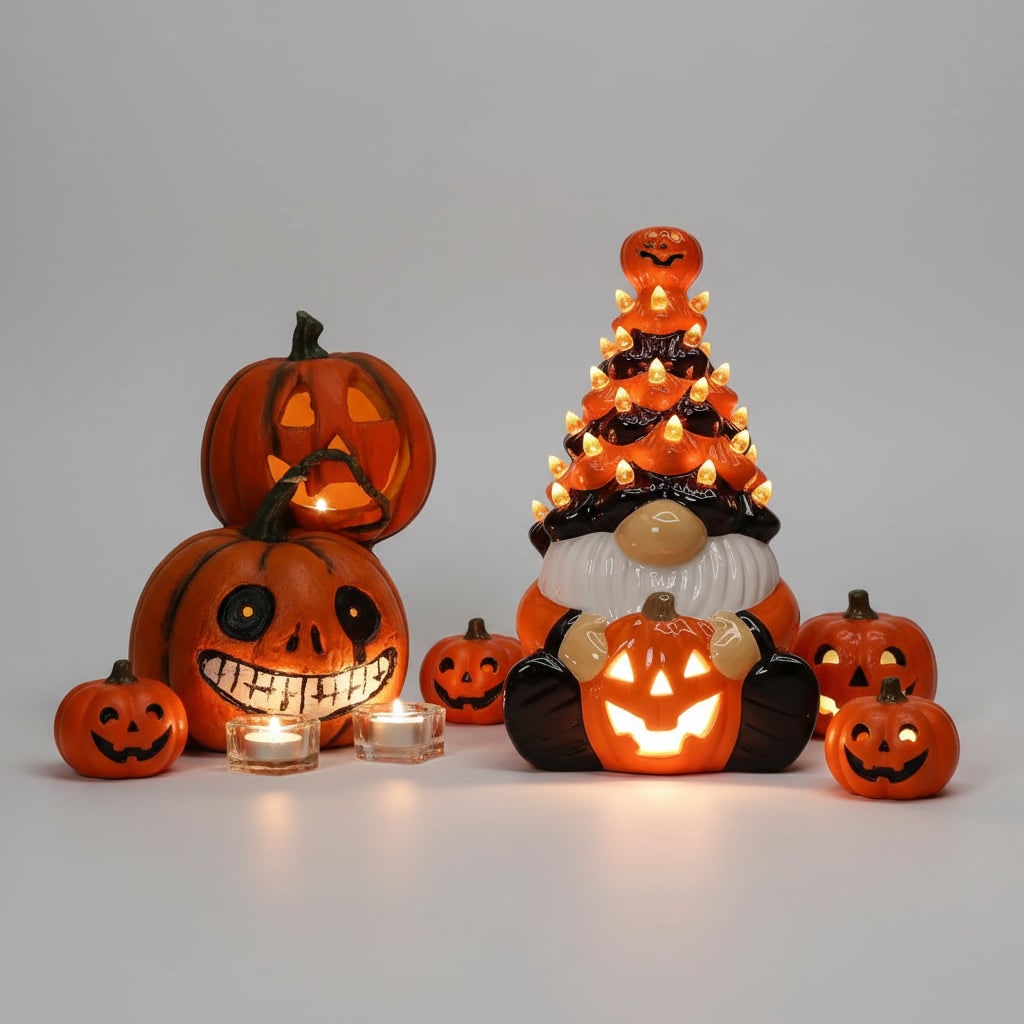 Thermabuild | Halloween Jack O Lantern Ceramic Gnome Light-Up Figurine with Pumpkin for Party Decorations