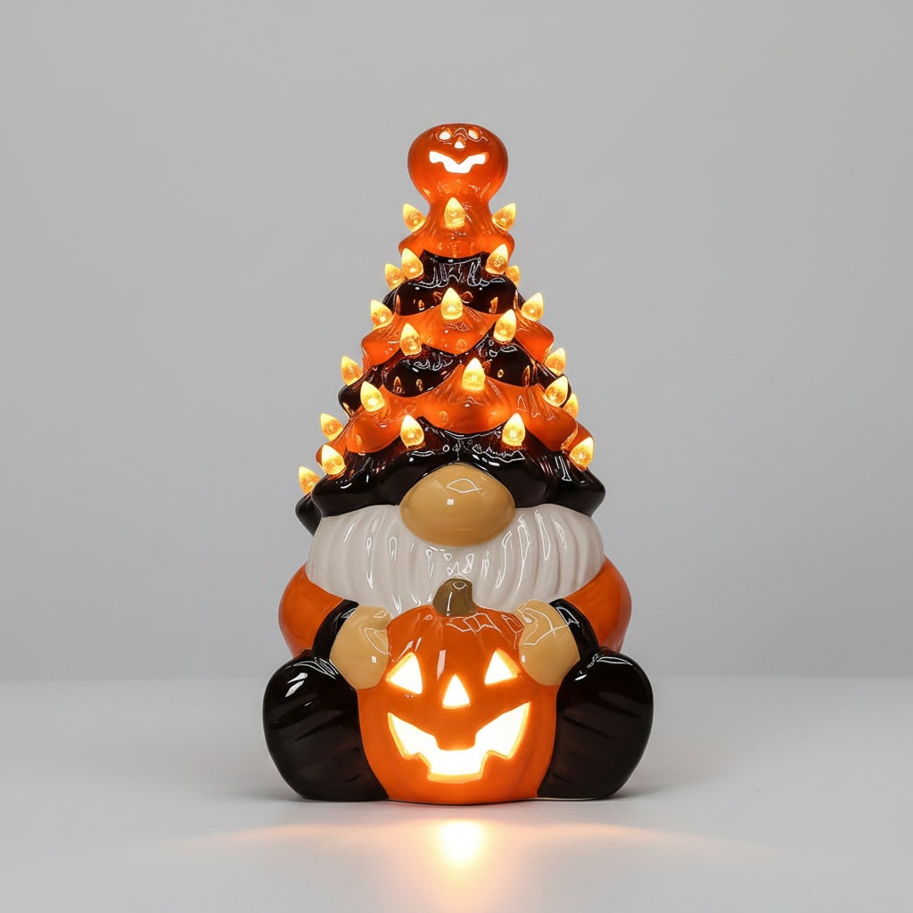 Thermabuild | Halloween Jack O Lantern Ceramic Gnome Light-Up Figurine with Pumpkin for Party Decorations