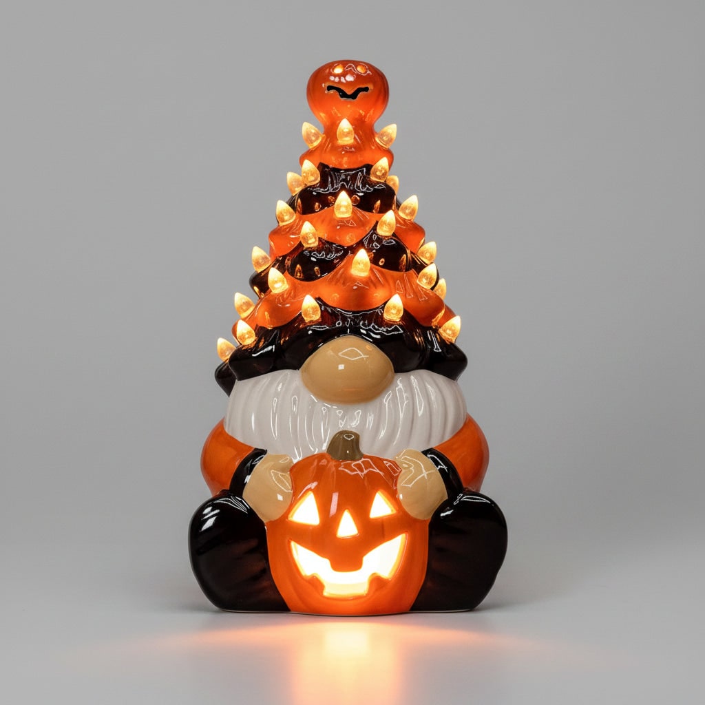 Thermabuild | Halloween Jack O Lantern Ceramic Gnome Light-Up Figurine with Pumpkin for Party Decorations