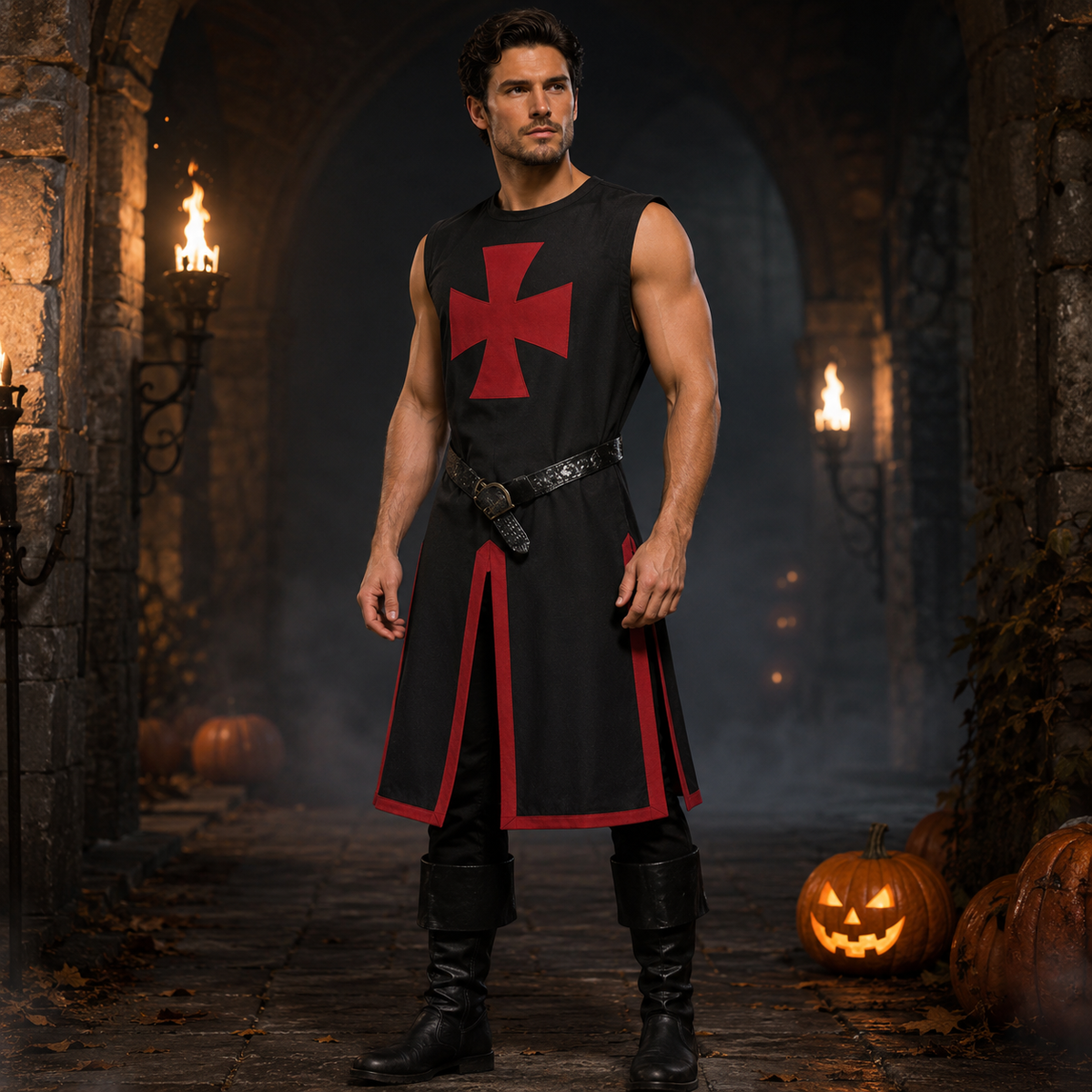 Thermabuild | Halloween Medieval Knight Costume Templar Crusader Tunic with Contrasting Trim and Split Hem Panels