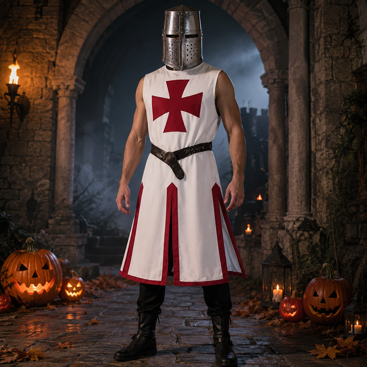 Thermabuild | Halloween Medieval Knight Costume Templar Crusader Tunic with Contrasting Trim and Split Hem Panels
