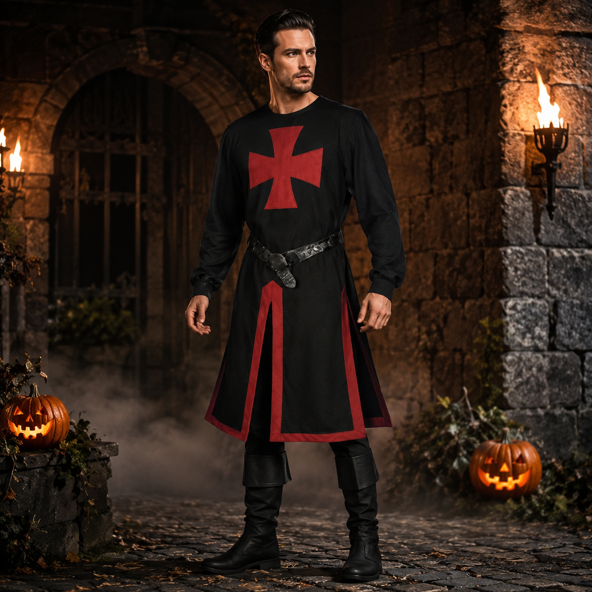 Thermabuild | Halloween Medieval Knight Costume Templar Crusader Tunic with Contrasting Trim and Split Hem Panels