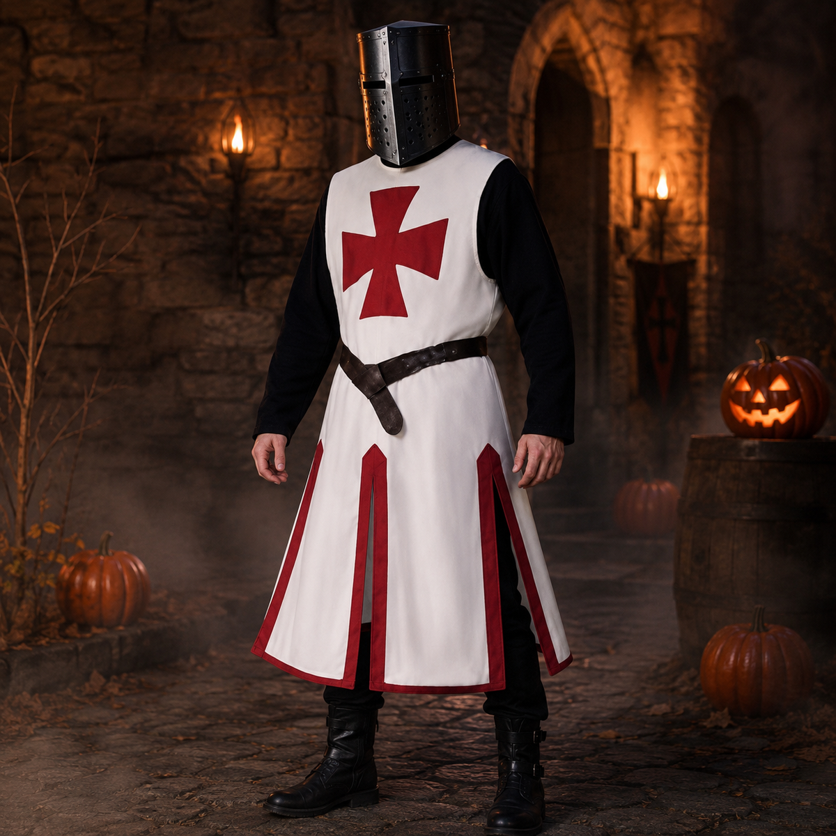 Thermabuild | Halloween Medieval Knight Costume Templar Crusader Tunic with Contrasting Trim and Split Hem Panels