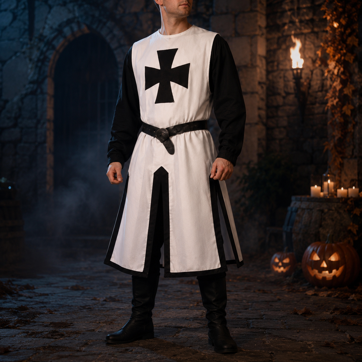 Thermabuild | Halloween Medieval Knight Costume Templar Crusader Tunic with Contrasting Trim and Split Hem Panels