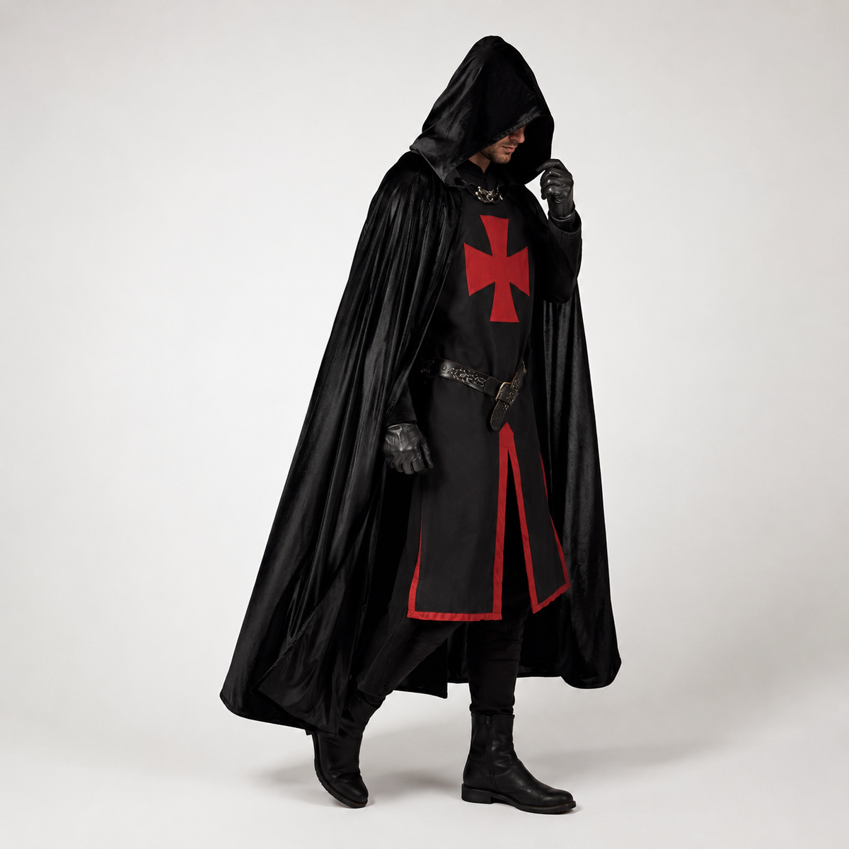 Thermabuild | Halloween Medieval Knight Costume Tunic with Hooded and Templar Cross for Cosplay Party