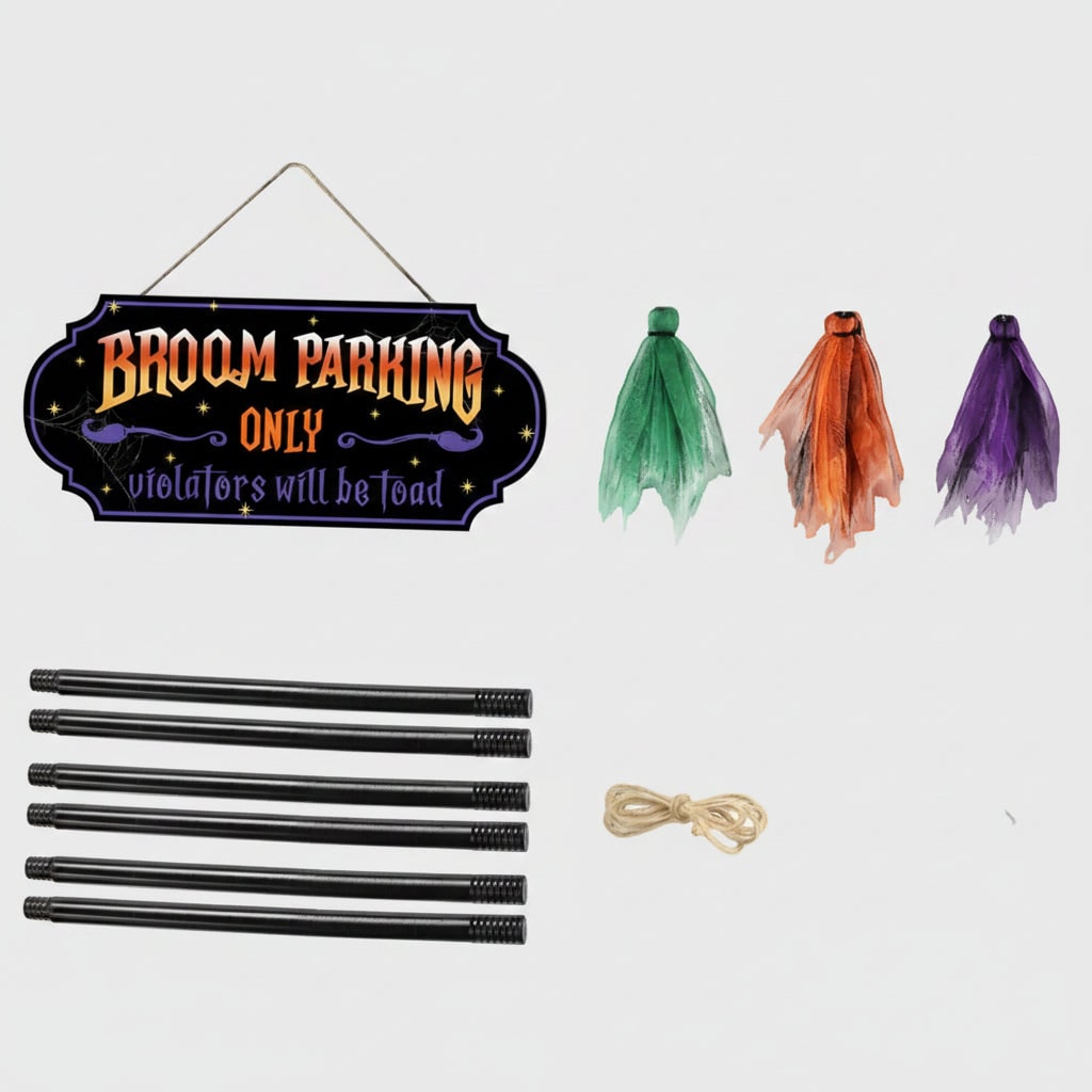 Thermabuild | Halloween No Parking Anytime Broom Sign with Decorative Mesh Outdoor Yard Decoration