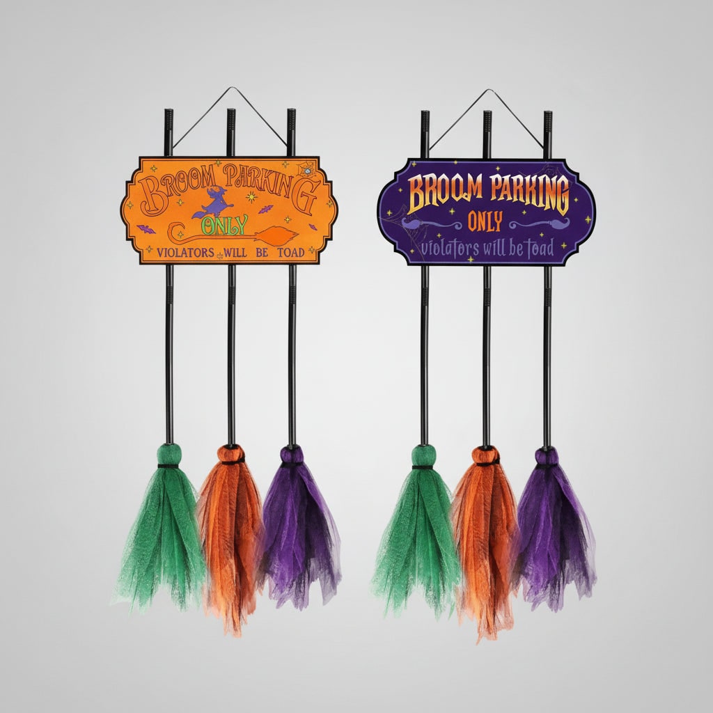 Thermabuild | Halloween No Parking Anytime Broom Sign with Decorative Mesh Outdoor Yard Decoration