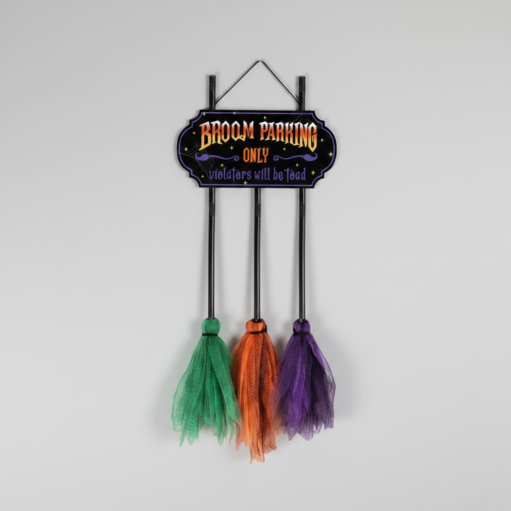 Thermabuild | Halloween No Parking Anytime Broom Sign with Decorative Mesh Outdoor Yard Decoration