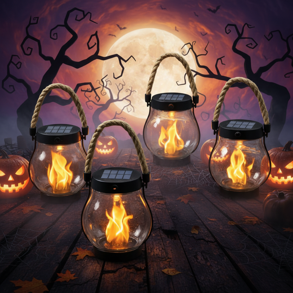 Thermabuild | Halloween Outdoor Solar Hanging Lantern with Flickering Flame Effect and Rechargeable Usb-C