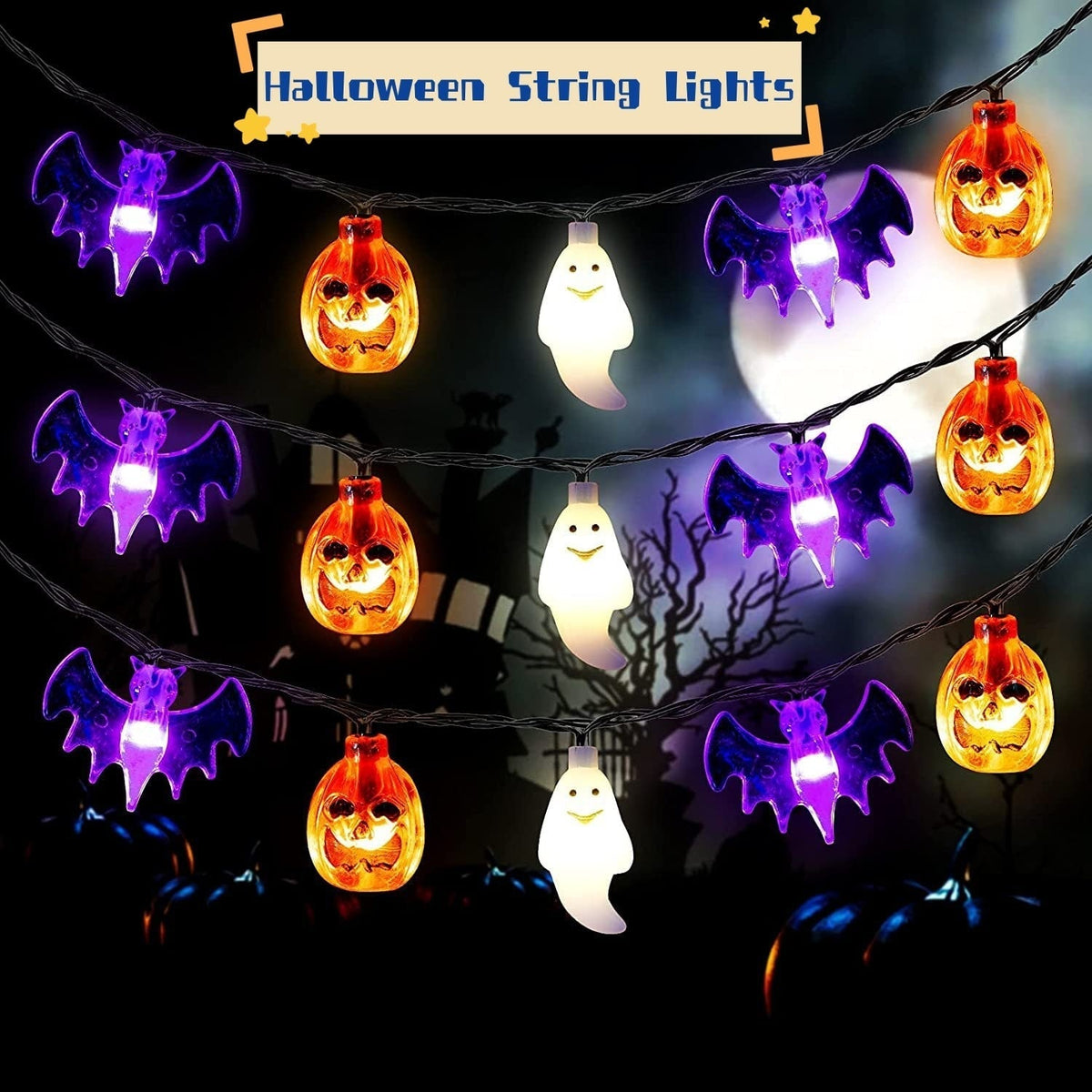 Thermabuild | Halloween Outdoor String Lights with LED and Bat Figures Battery Operated for Patio Party Decoration