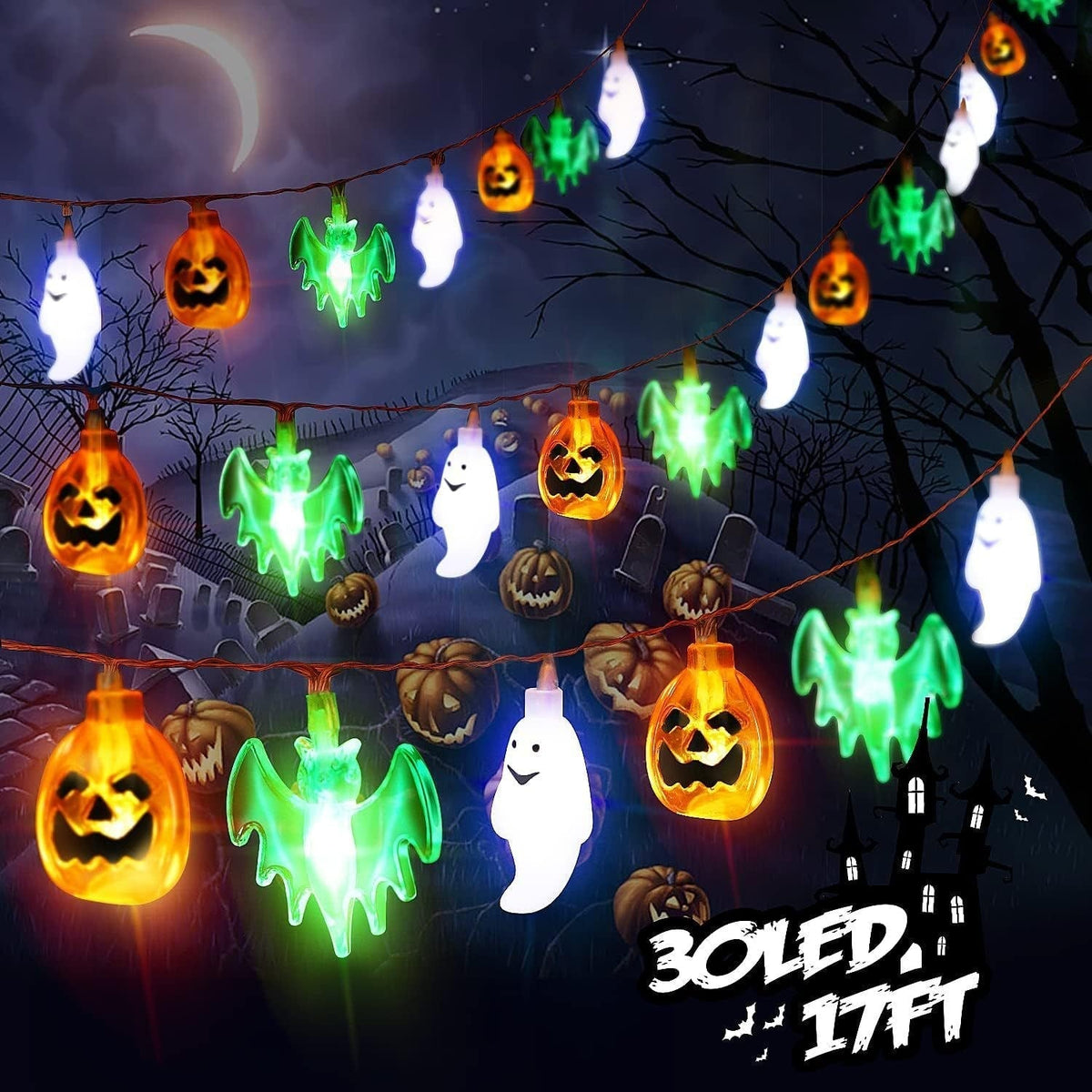 Thermabuild | Halloween Outdoor String Lights with LED and Bat Figures Battery Operated for Patio Party Decoration