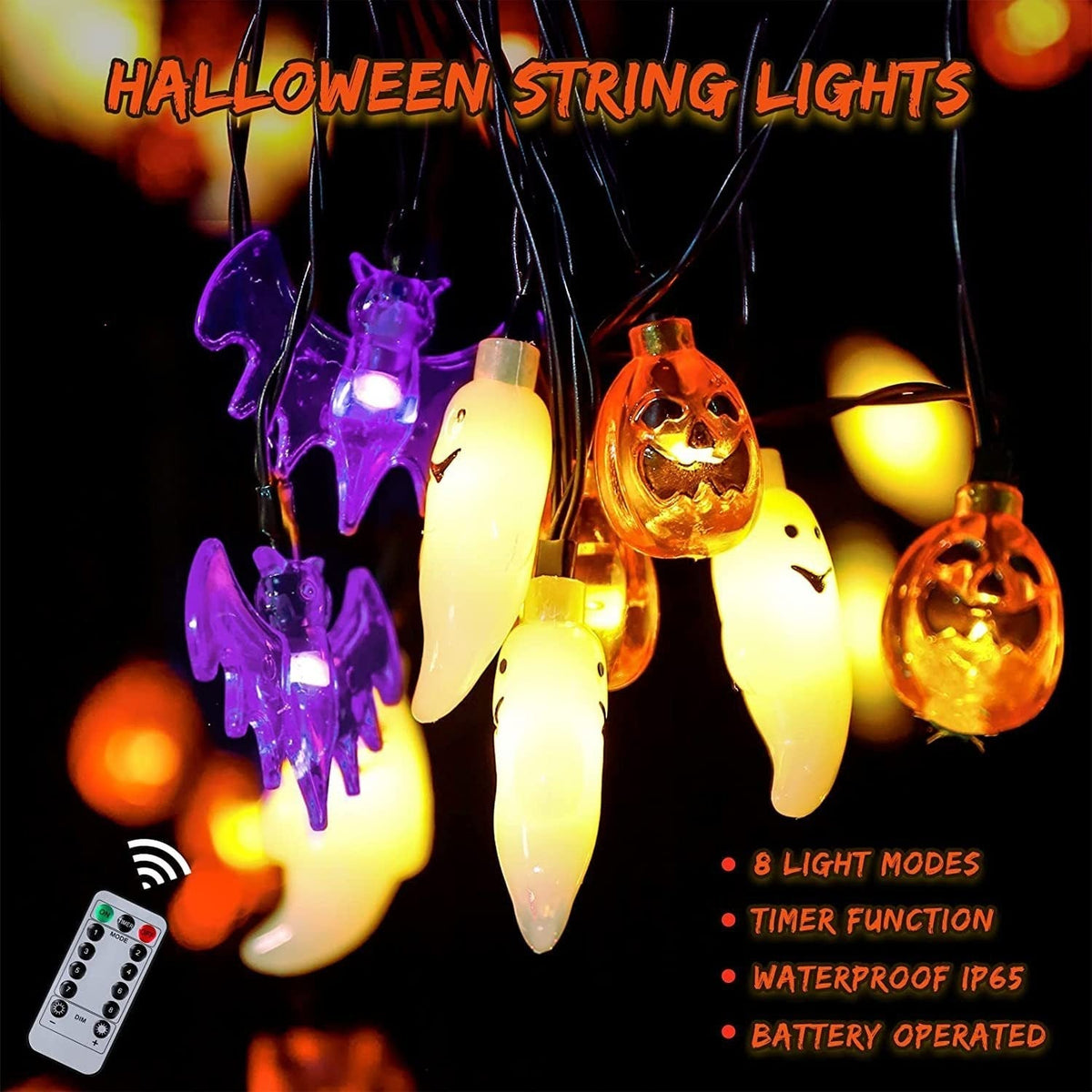 Thermabuild | Halloween Outdoor String Lights with LED and Bat Figures Battery Operated for Patio Party Decoration