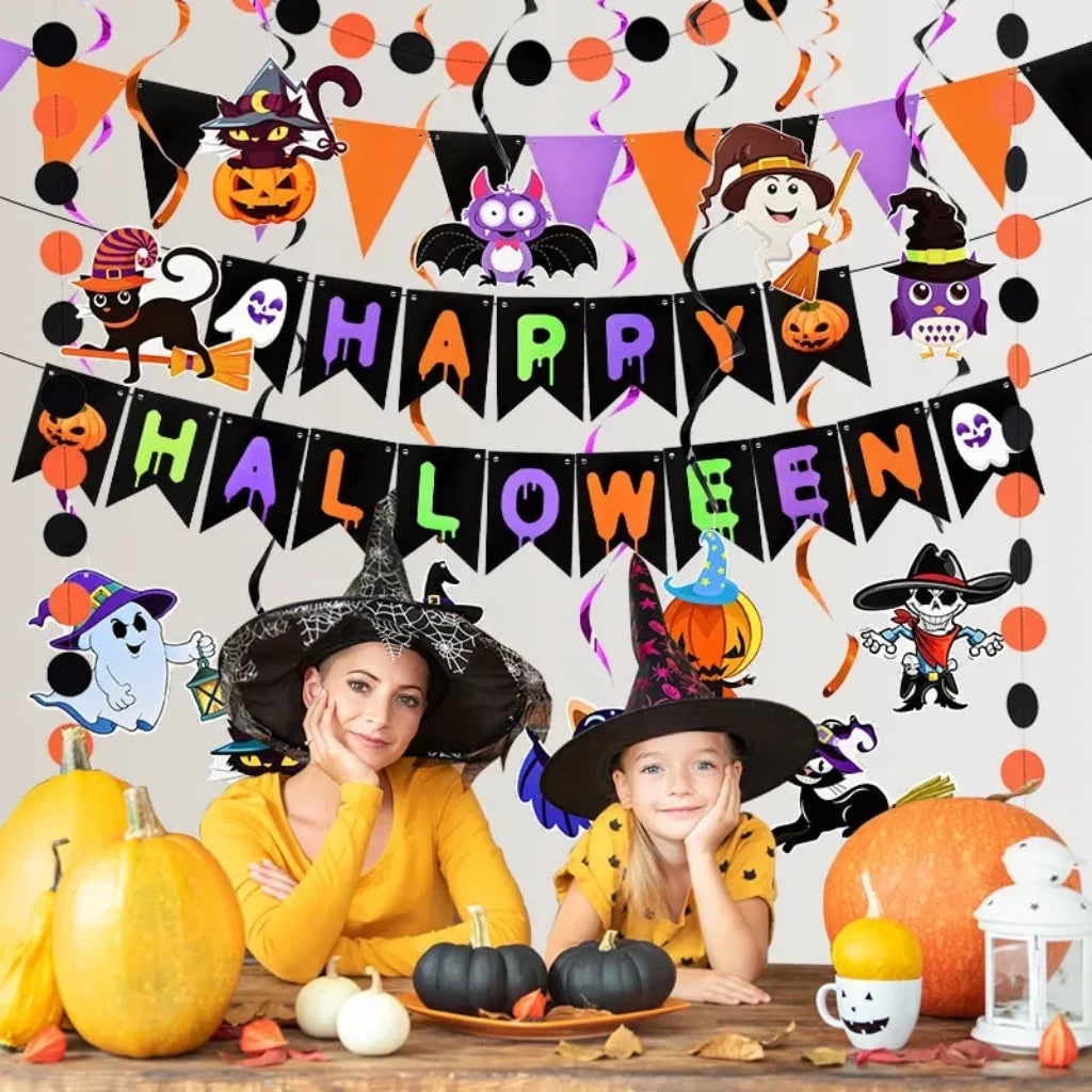 Thermabuild | Halloween Party Decorations Banner Kit with Hanging Swirls and Outdoor Wall Decor