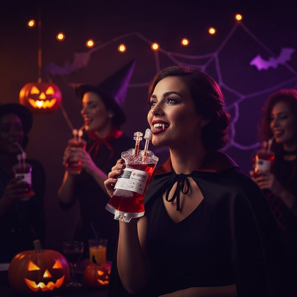 Thermabuild | Halloween Party Supplies Blood Bag Drink Pouches with Syringe for Decorations and Favors