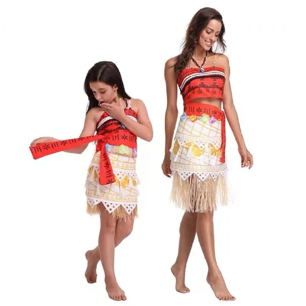 Thermabuild | Halloween Princess Costume with Tropical Print Top Grass Skirt and Pendant