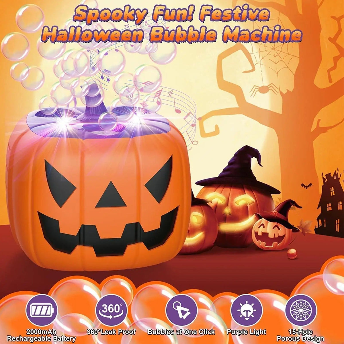 Thermabuild | Halloween Pumpkin Bubble Machine with LED Lights and Automatic Blower for Party Outdoor Decoration