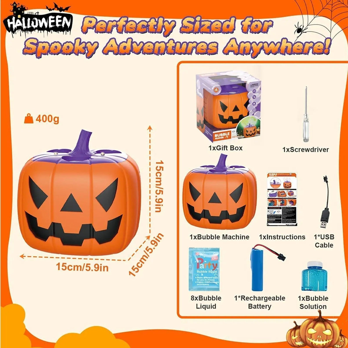 Thermabuild | Halloween Pumpkin Bubble Machine with LED Lights and Automatic Blower for Party Outdoor Decoration