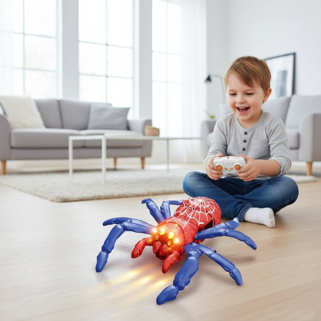 Thermabuild | Halloween Remote Control Spider Toy with Glowing LED Eyes and Wall Climbing