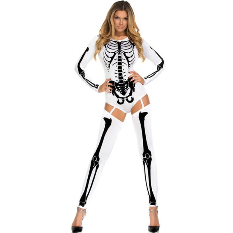 Thermabuild | Halloween Skeleton Costume Outfit with Bodysuit and Thigh-High Leggings for Party