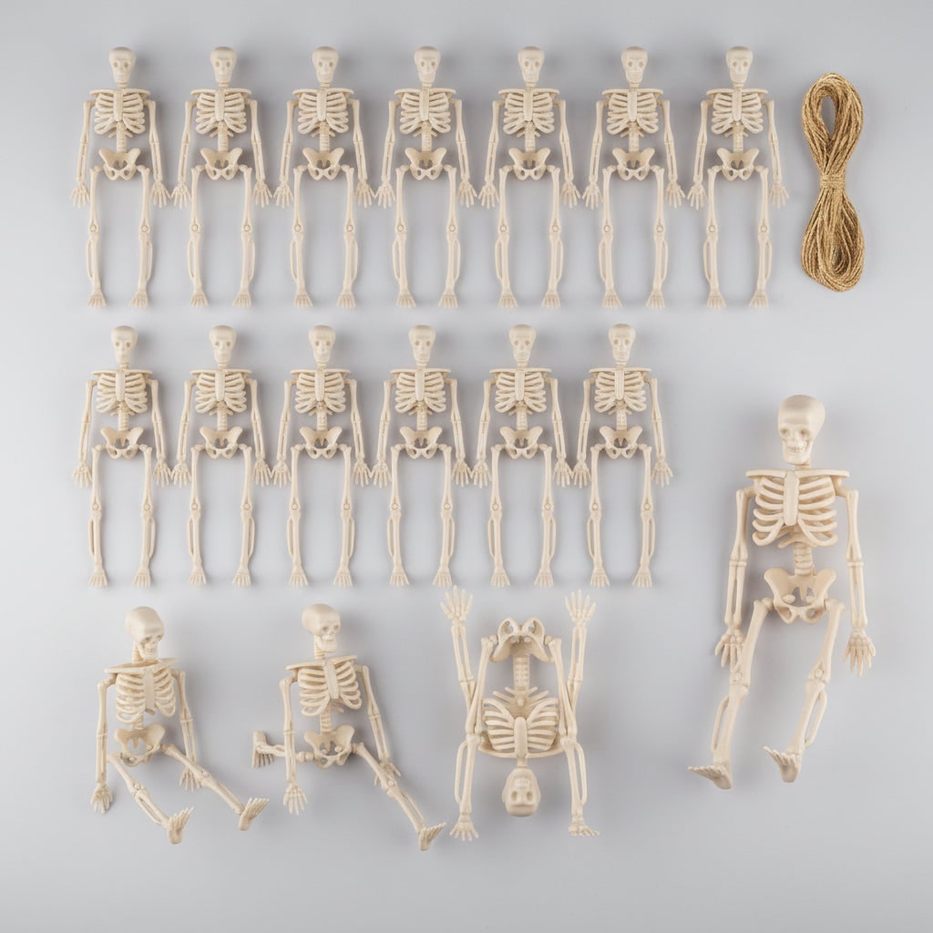 Thermabuild | Halloween Skeleton Decorations Mini Plastic Posable Figurines with Jute Twine for Party and Haunted