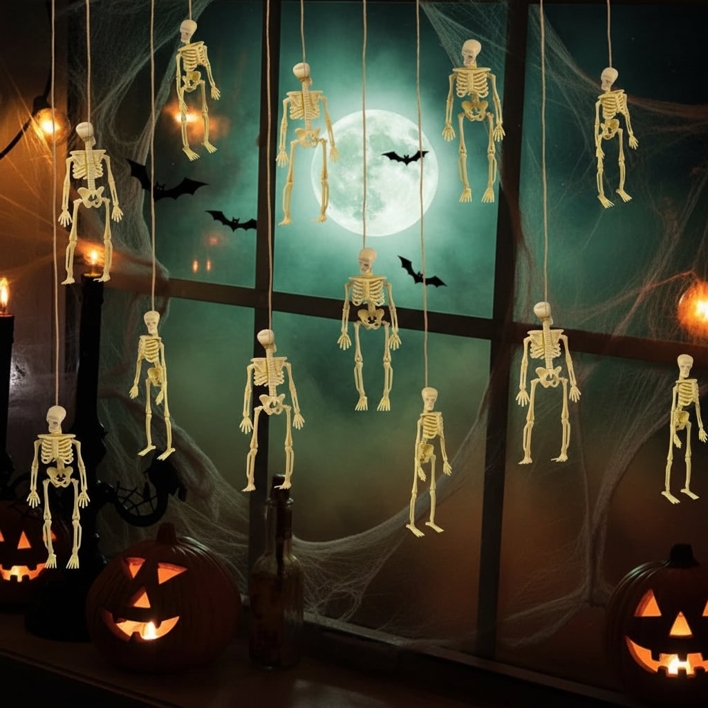 Thermabuild | Halloween Skeleton Decorations Mini Plastic Posable Figurines with Jute Twine for Party and Haunted