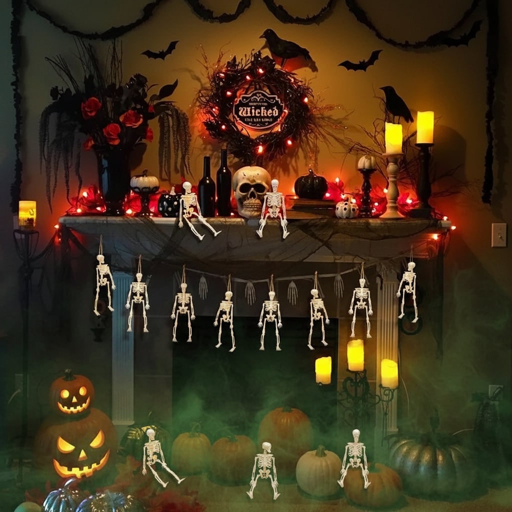 Thermabuild | Halloween Skeleton Decorations Mini Plastic Posable Figurines with Jute Twine for Party and Haunted