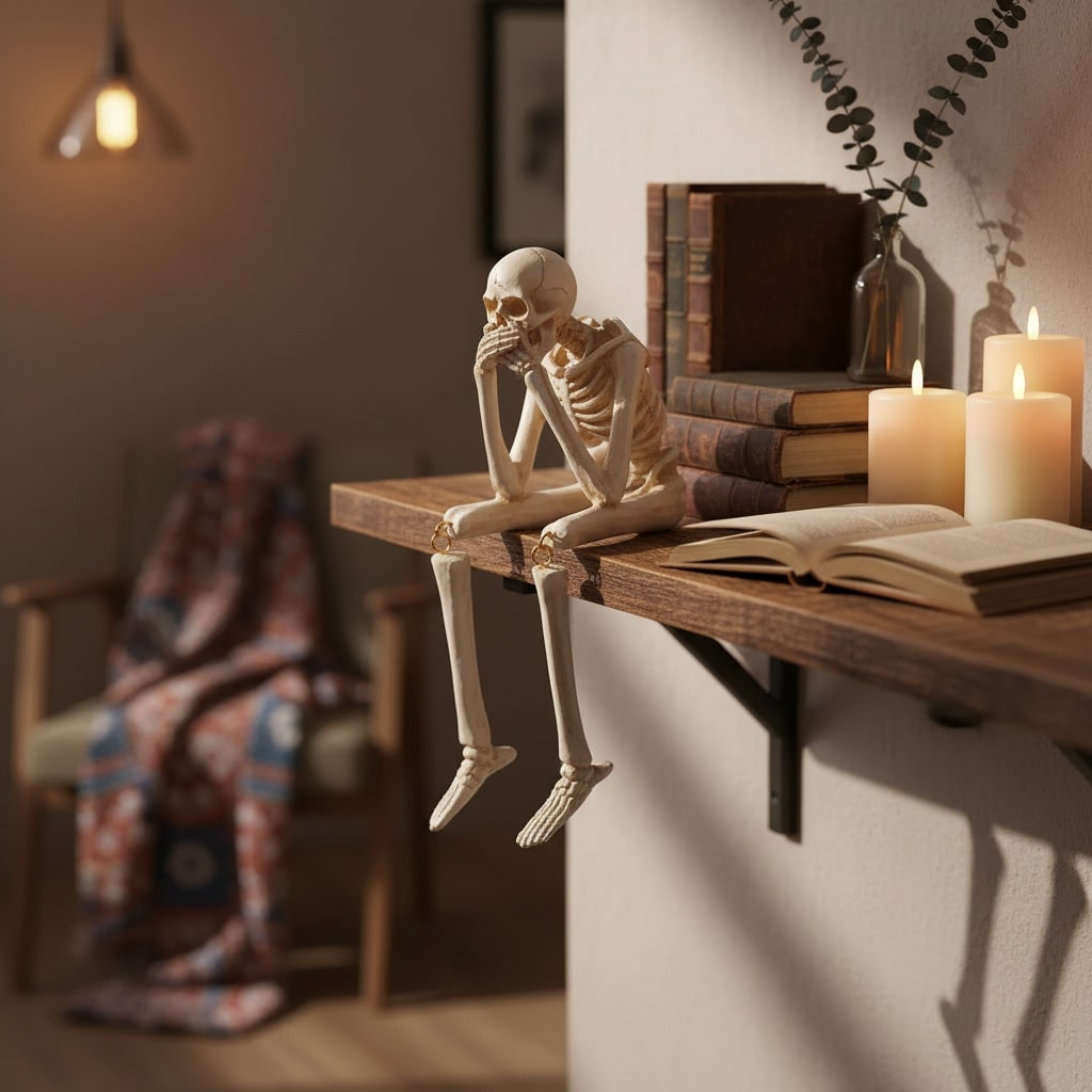 Thermabuild | Halloween Skeleton Shelf Sitters Figurines with Dangling Legs and Poseable Joints