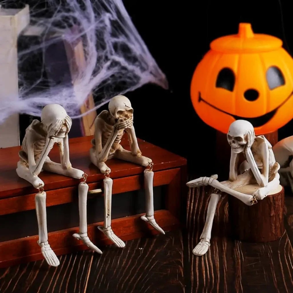 Thermabuild | Halloween Skeleton Shelf Sitters Figurines with Dangling Legs and Poseable Joints