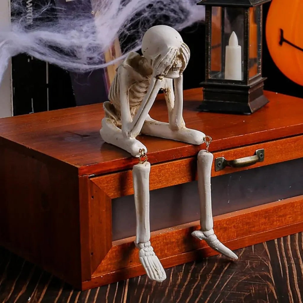 Thermabuild | Halloween Skeleton Shelf Sitters Figurines with Dangling Legs and Poseable Joints